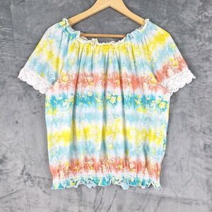 Womens Top Large Boho Cottagecore‎ Eyelet Tie Dye Floral Rainbow Peasant Crochet